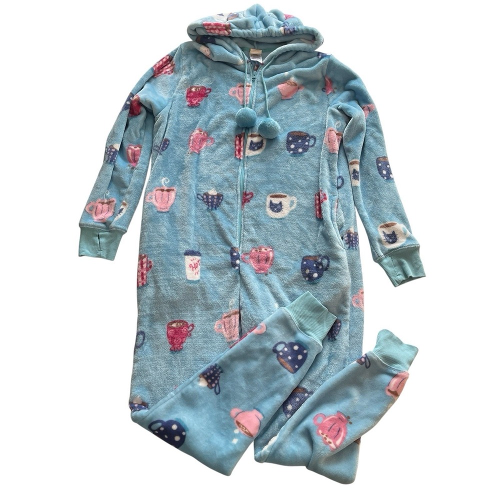 Munki Munki Women's Size L One Piece Pajama Light Blue Coffee Tassle Hood - Picture 1 of 10